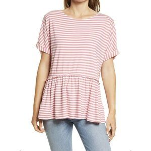 Caslon Floaty Peplum Tee short sleeve Top blush Pink Knit Ruffle Striped MEDIUM